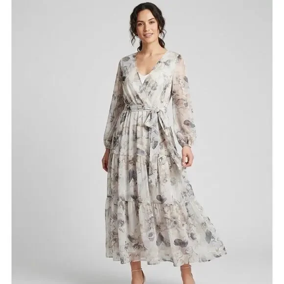 Calvin Klein Floral Chiffon Maxi Dress Sz 8 Faux Wrap Long Sleeve Tiered V-Neck - Picture 1 of 16